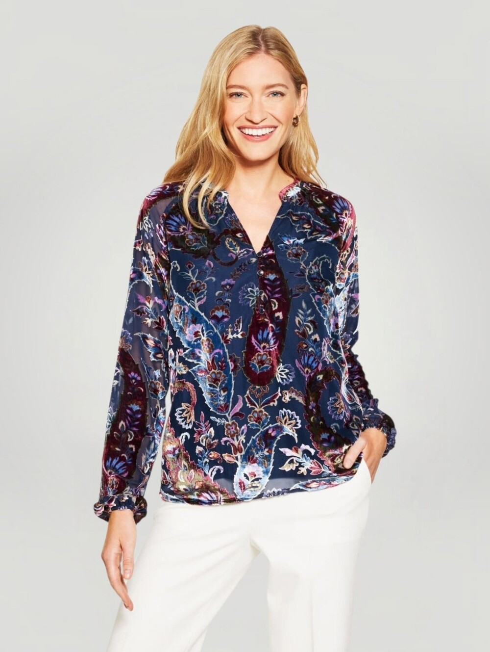 Talbots Burnout Velvet Popover Top XL Navy Floral Paisley Dark Academia New